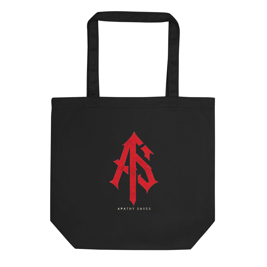 Front product mockup of black Econscious EC8000 organic cotton tote with centered red ApathySaves AS monogram and small brand lettering