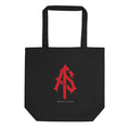 Front product mockup of black Econscious EC8000 organic cotton tote with centered red ApathySaves AS monogram and small brand lettering