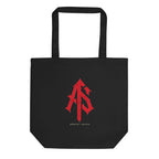 Front product mockup of black Econscious EC8000 organic cotton tote with centered red ApathySaves AS monogram and small brand lettering
