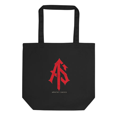 Front product mockup of black Econscious EC8000 organic cotton tote with centered red ApathySaves AS monogram and small brand lettering
