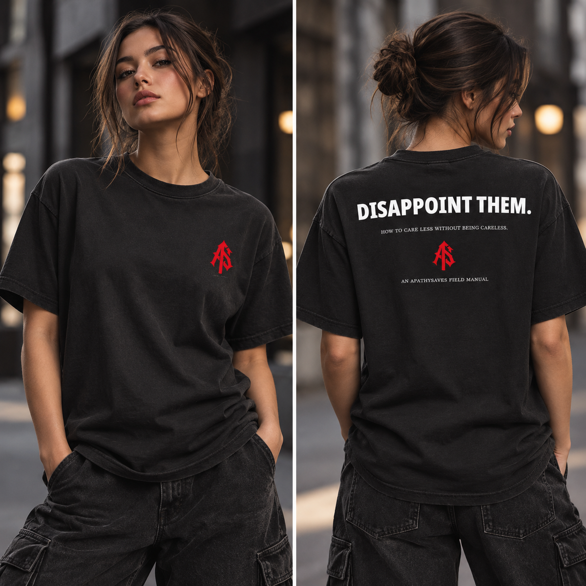 Lifestyle concept of a female model showing both sides of the black DISAPPOINT THEM. T-shirt