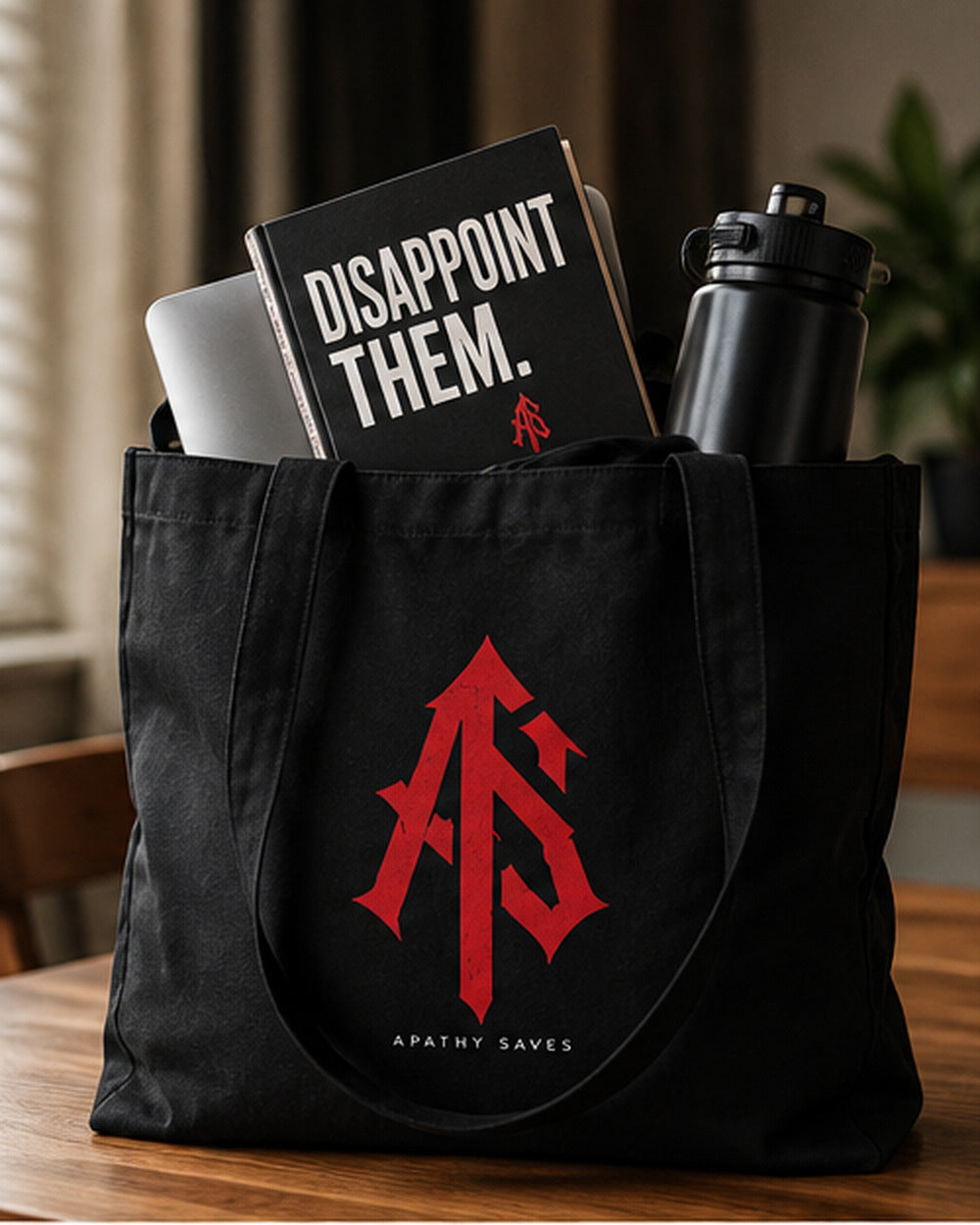 Styled lifestyle mockup of the black ApathySaves tote carrying books, laptop, and reusable bottle