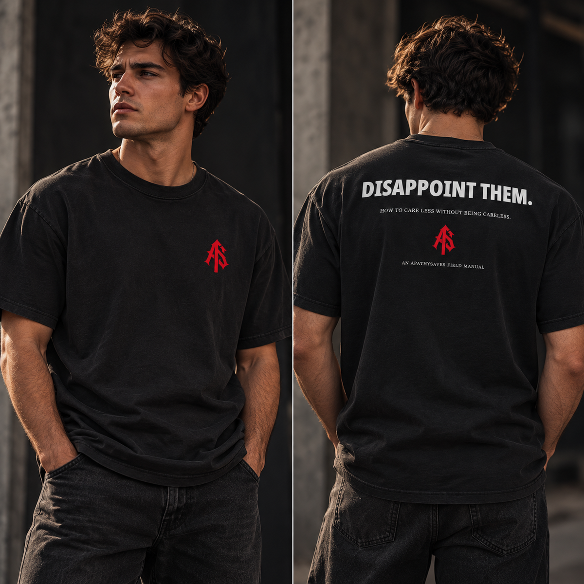 Lifestyle concept of a male model showing both sides of the DISAPPOINT THEM. heavyweight black T-shirt