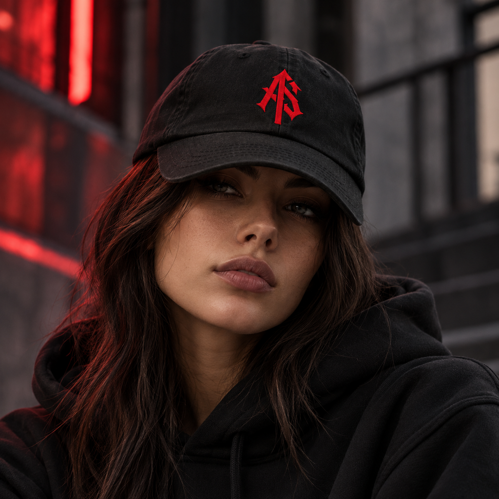 Woman wearing a black ApathySaves adjustable dad hat with red embroidered AS logo in a moody urban setting