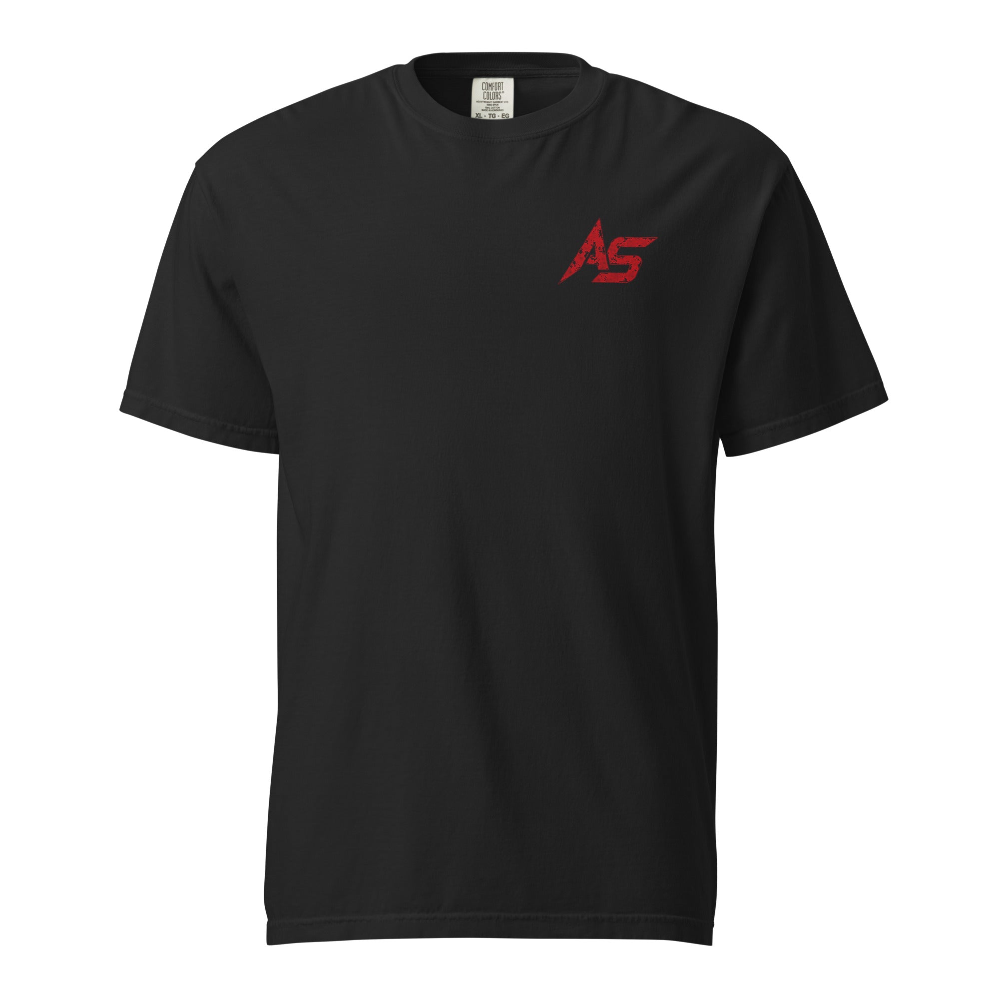 Black ApathySaves Comfort Colors 1717 heavyweight t-shirt with small red AS logo on front left chest