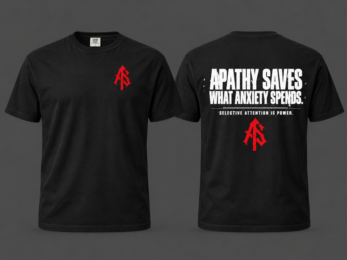 Front and back studio views of the black ApathySaves heavyweight T-shirt featuring red AS chest logo and white statement back graphic
