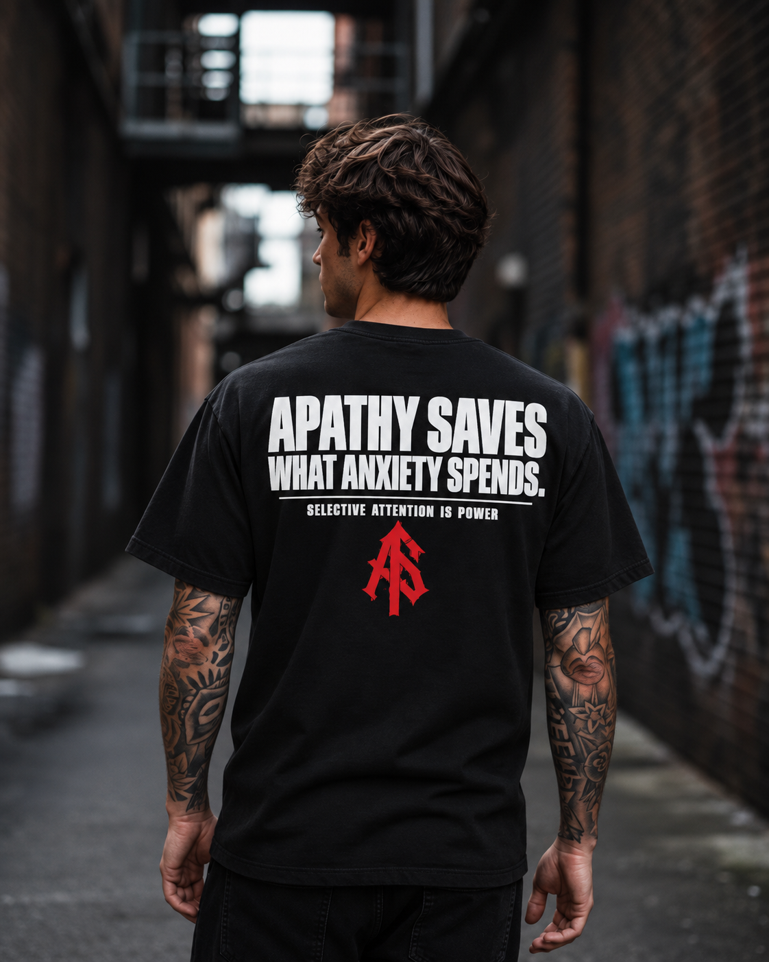 Back view of man wearing ApathySaves black T-shirt with Apathy Saves What Anxiety Spends statement and red AS logo