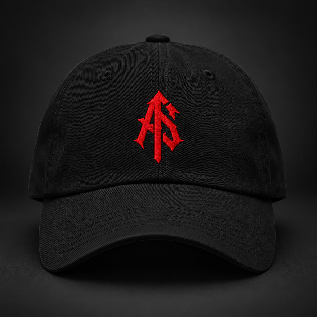 Front view of black ApathySaves cotton dad hat featuring the red embroidered interlocking AS monogram