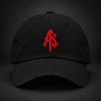 Front view of black ApathySaves cotton dad hat featuring the red embroidered interlocking AS monogram