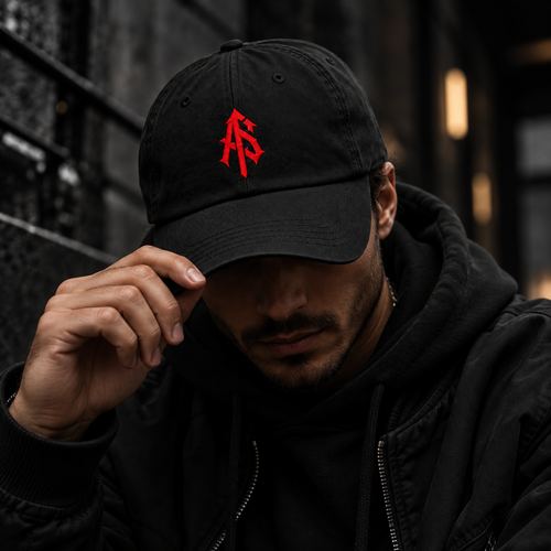 Man wearing a black ApathySaves dad hat with red embroidered AS monogram in an urban streetwear setting