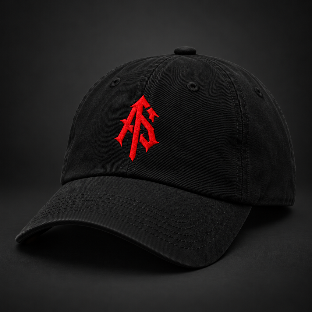 Three-quarter angled view of the black ApathySaves dad hat with curved brim and red AS logo embroidery