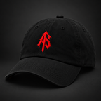 Three-quarter angled view of the black ApathySaves dad hat with curved brim and red AS logo embroidery