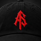Close-up of red interlocking AS monogram embroidery on black cotton ApathySaves dad hat