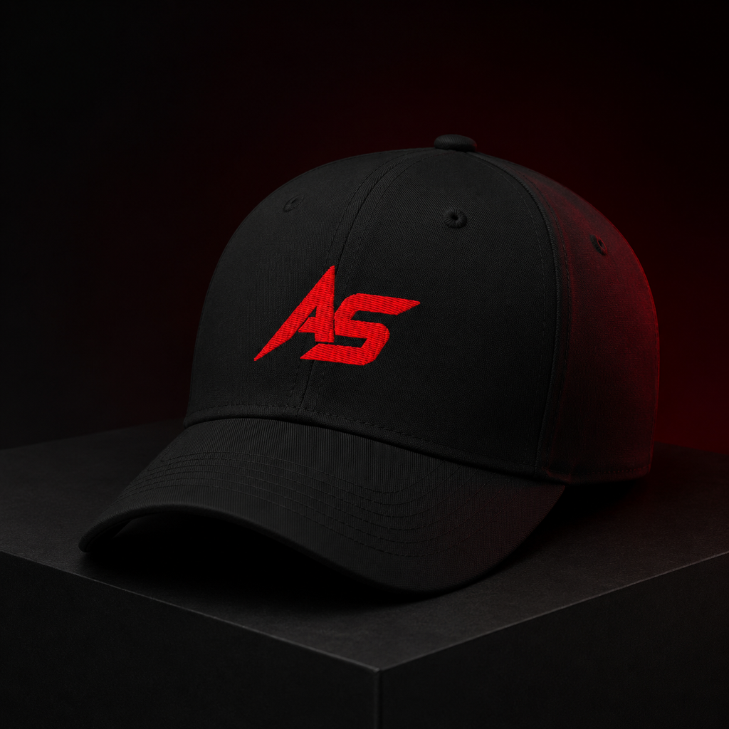 ApathySaves AS Logo Dad Hat – Black – Red Light Studio Shot