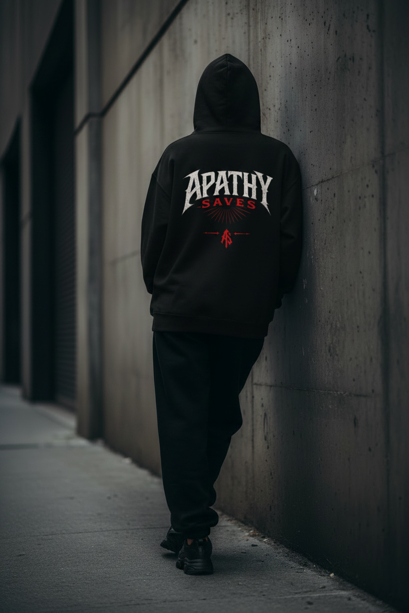 AS Monogram Statement Hoodie – Female Lifestyle Back – Dark Concrete Wall – ApathySaves