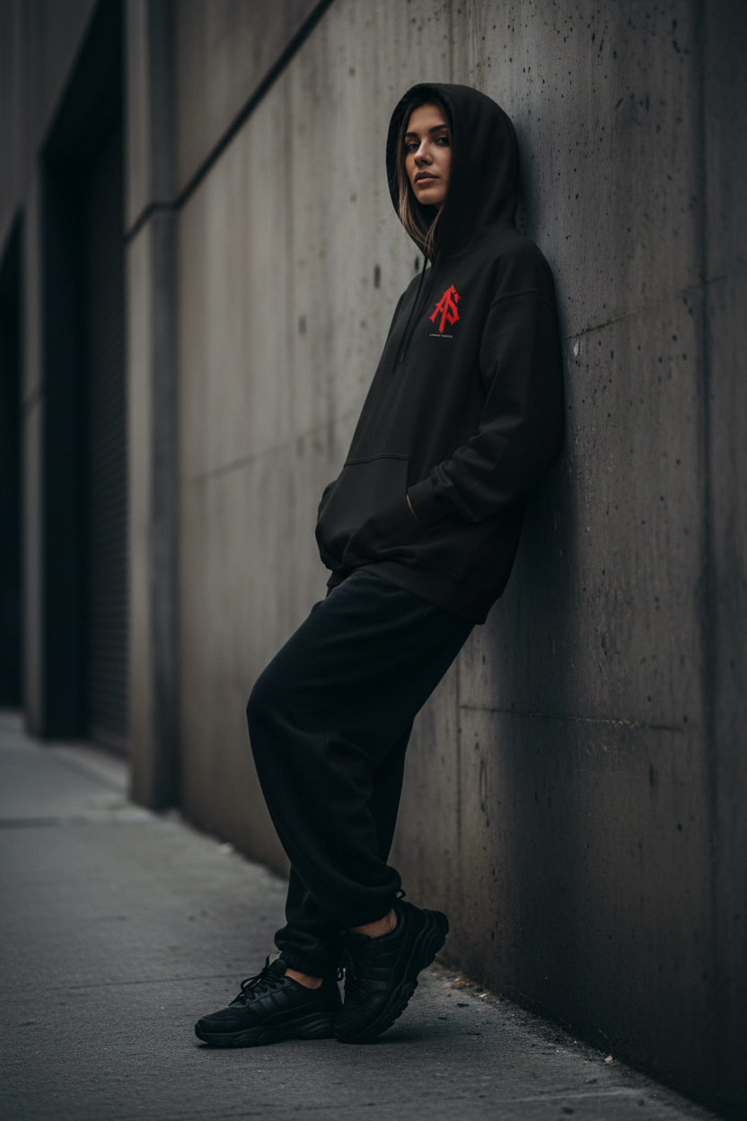AS Monogram Statement Hoodie – Female Lifestyle Front – Dark Concrete Wall – ApathySaves