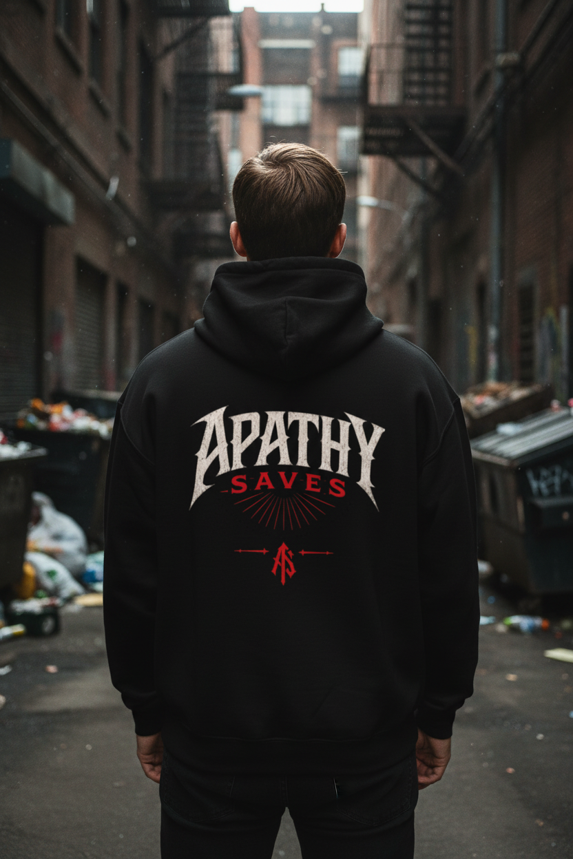 AS Monogram Statement Hoodie – Male Lifestyle Back – Dark Urban Alley – ApathySaves