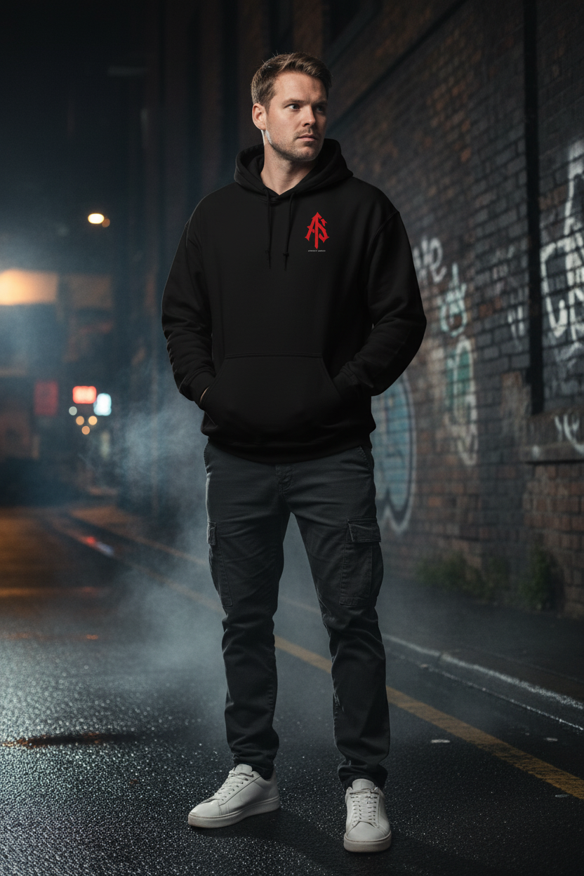 AS Monogram Statement Hoodie – Male Lifestyle Front – Dark Urban Street – ApathySaves