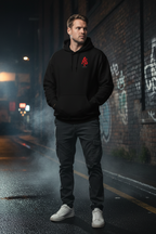AS Monogram Statement Hoodie – Male Lifestyle Front – Dark Urban Street – ApathySaves