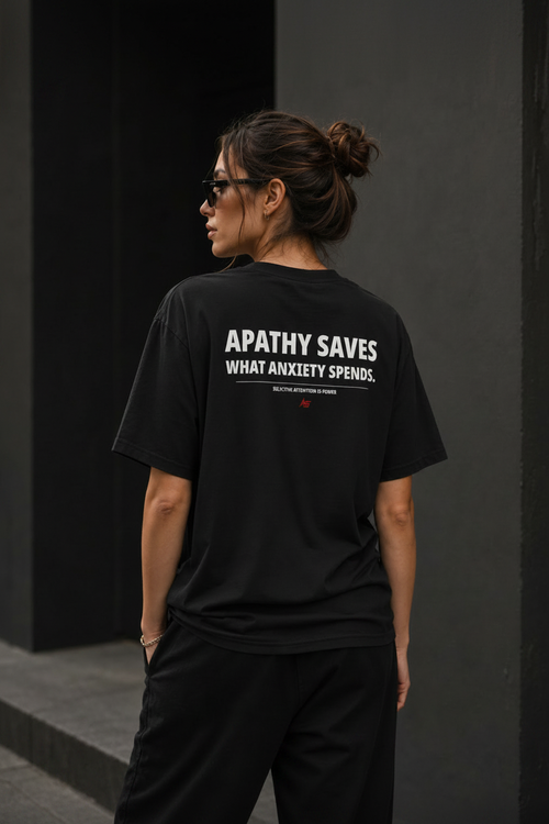 Apathy Saves What Anxiety Spends Tee – Female Lifestyle Back – Dark Concrete – ApathySaves