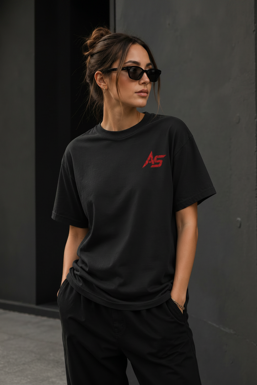 Apathy Saves What Anxiety Spends Tee – Female Lifestyle Front – Dark Concrete – ApathySaves