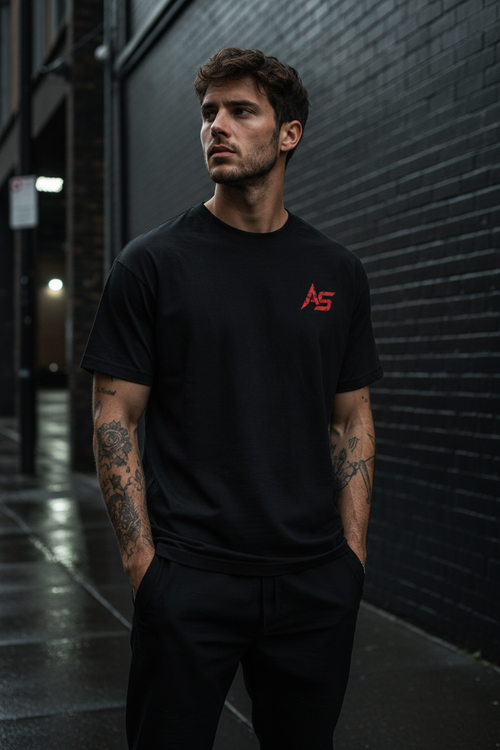 Apathy Saves What Anxiety Spends Tee – Male Lifestyle Front – Dark Urban Street – ApathySaves