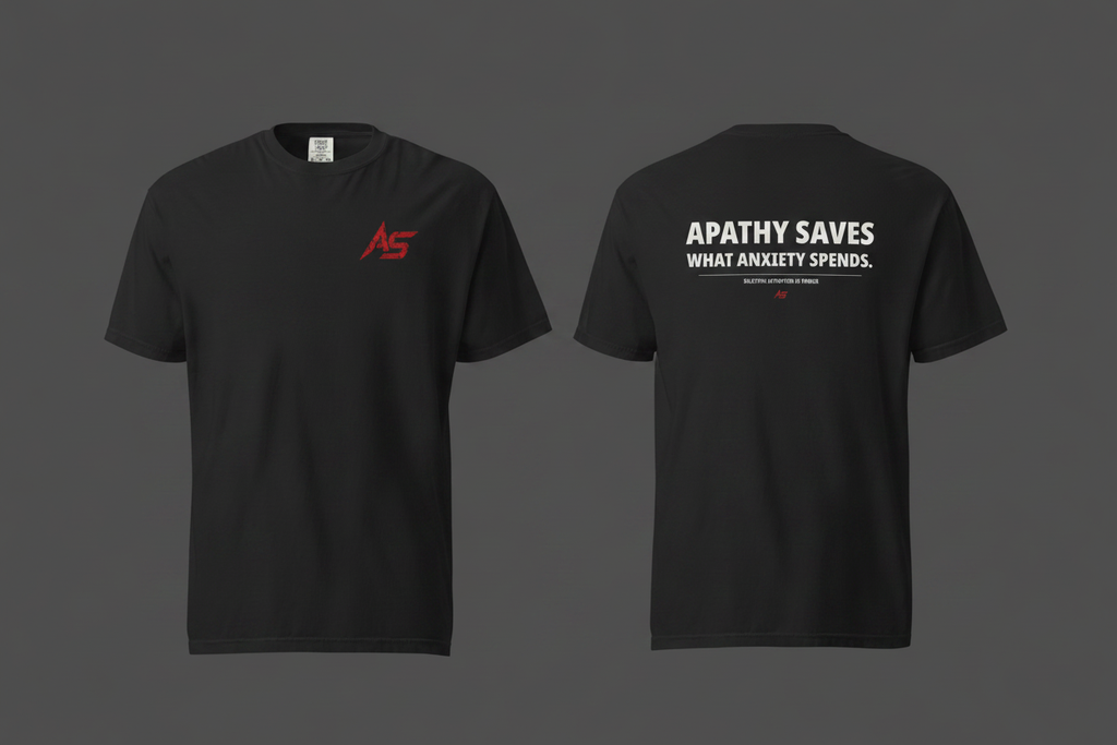 Apathy Saves What Anxiety Spends Tee – Product Mockup Front Back – Dark Studio – ApathySaves