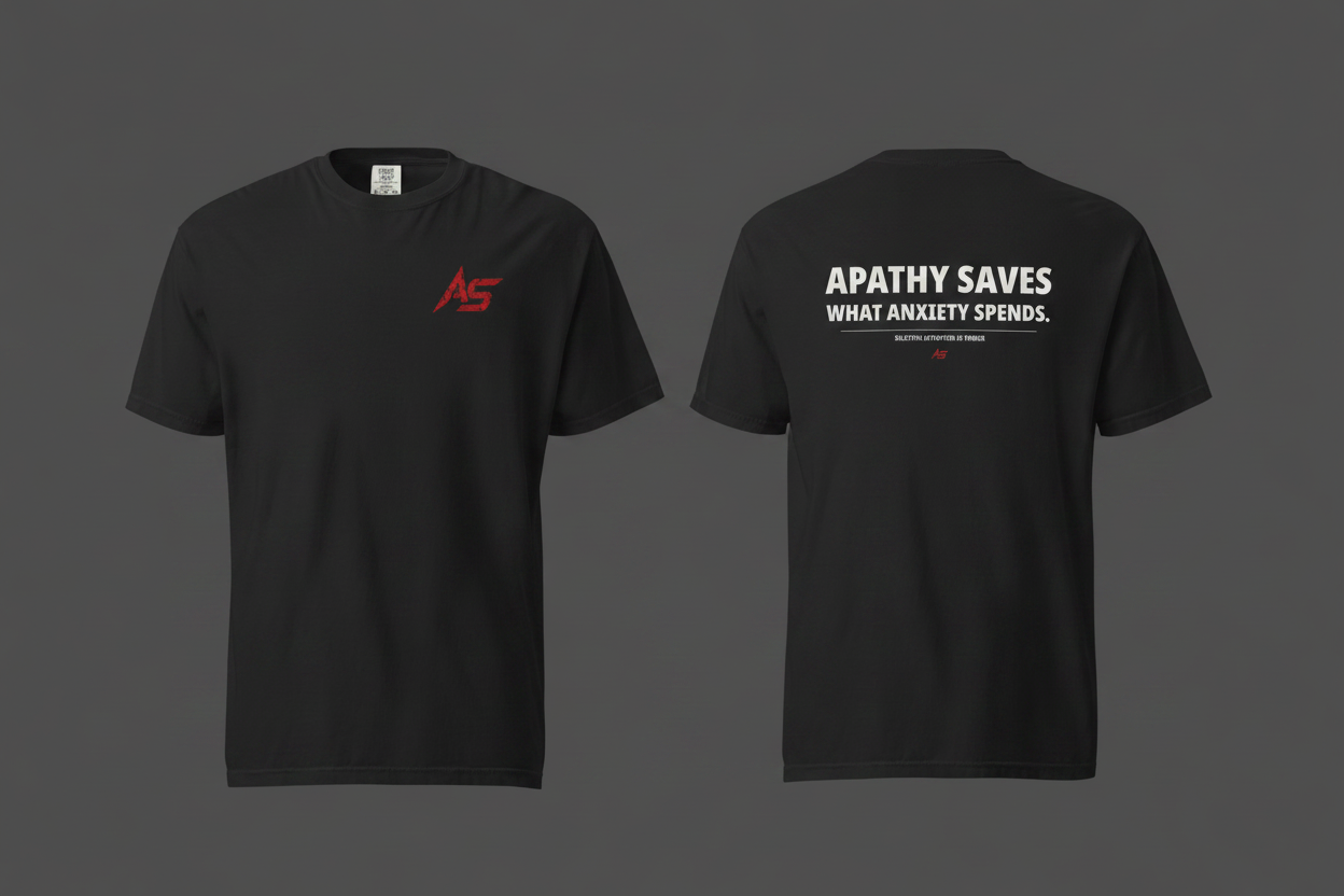 Apathy Saves What Anxiety Spends Tee – Product Mockup Front Back – Dark Studio – ApathySaves