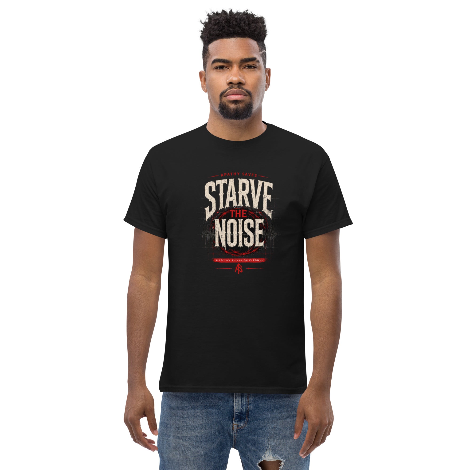 Man wearing ApathySaves Starve The Noise graphic tee — streetwear lifestyle
