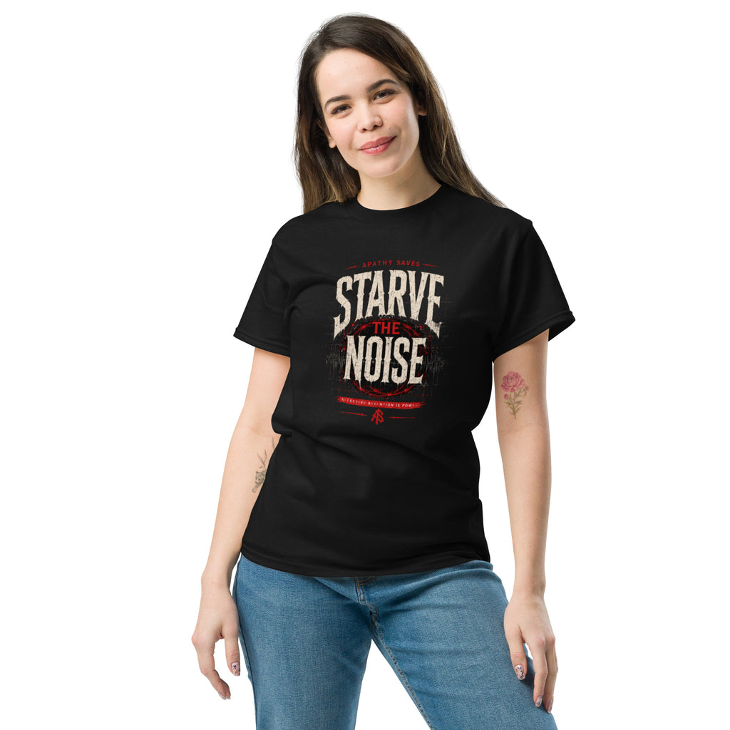 Woman wearing ApathySaves Starve The Noise graphic tee — streetwear lifestyle