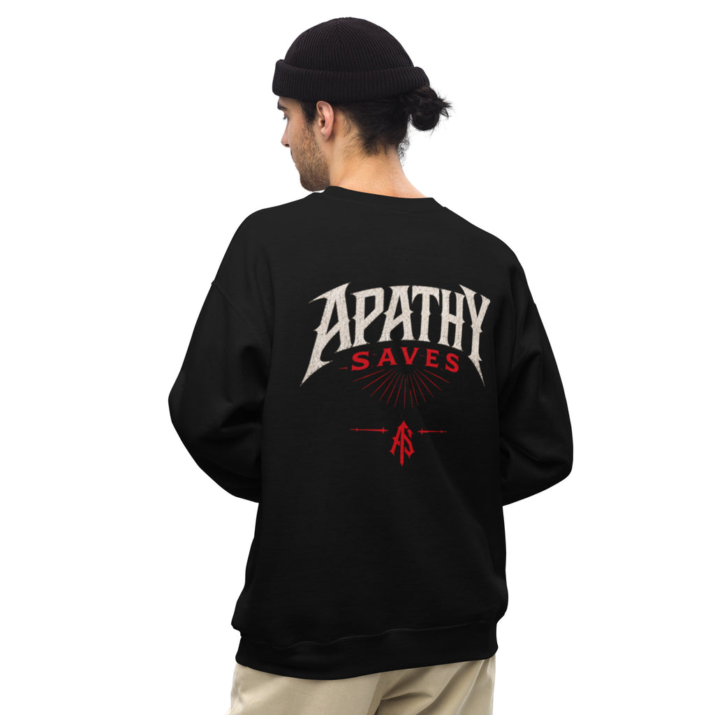 ApathySaves Red Monogram Crewneck – Worn Back – Apathy Saves Wordmark Sunburst