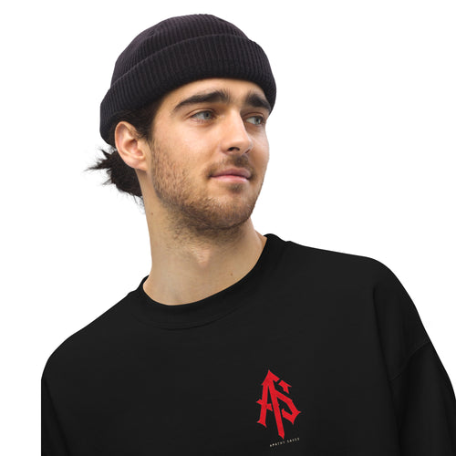 ApathySaves Red Monogram Crewneck – Worn Front – AS Badge Left Chest