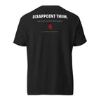 Back view of black DISAPPOINT THEM. heavyweight T-shirt with white statement print and red AS mark
