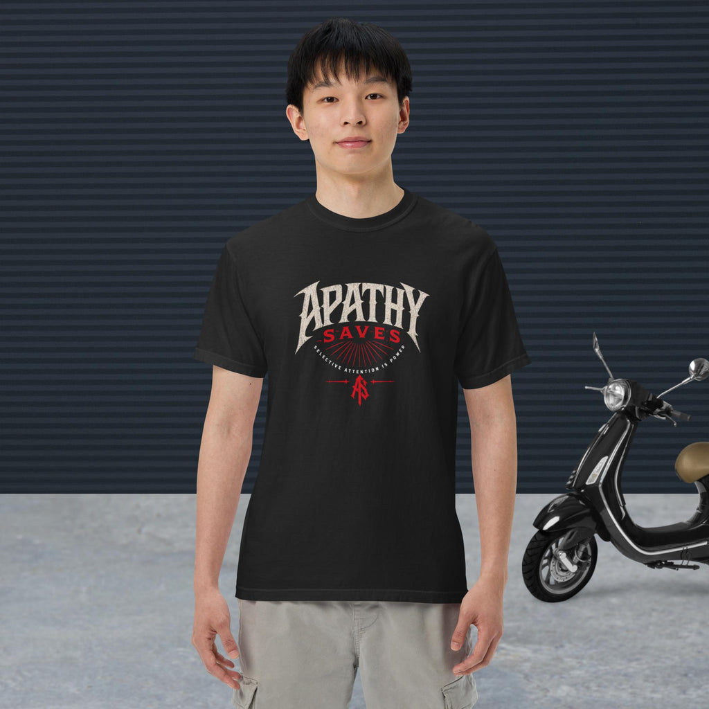 ApathySaves Selective Attention Is Power tee – male lifestyle front shot