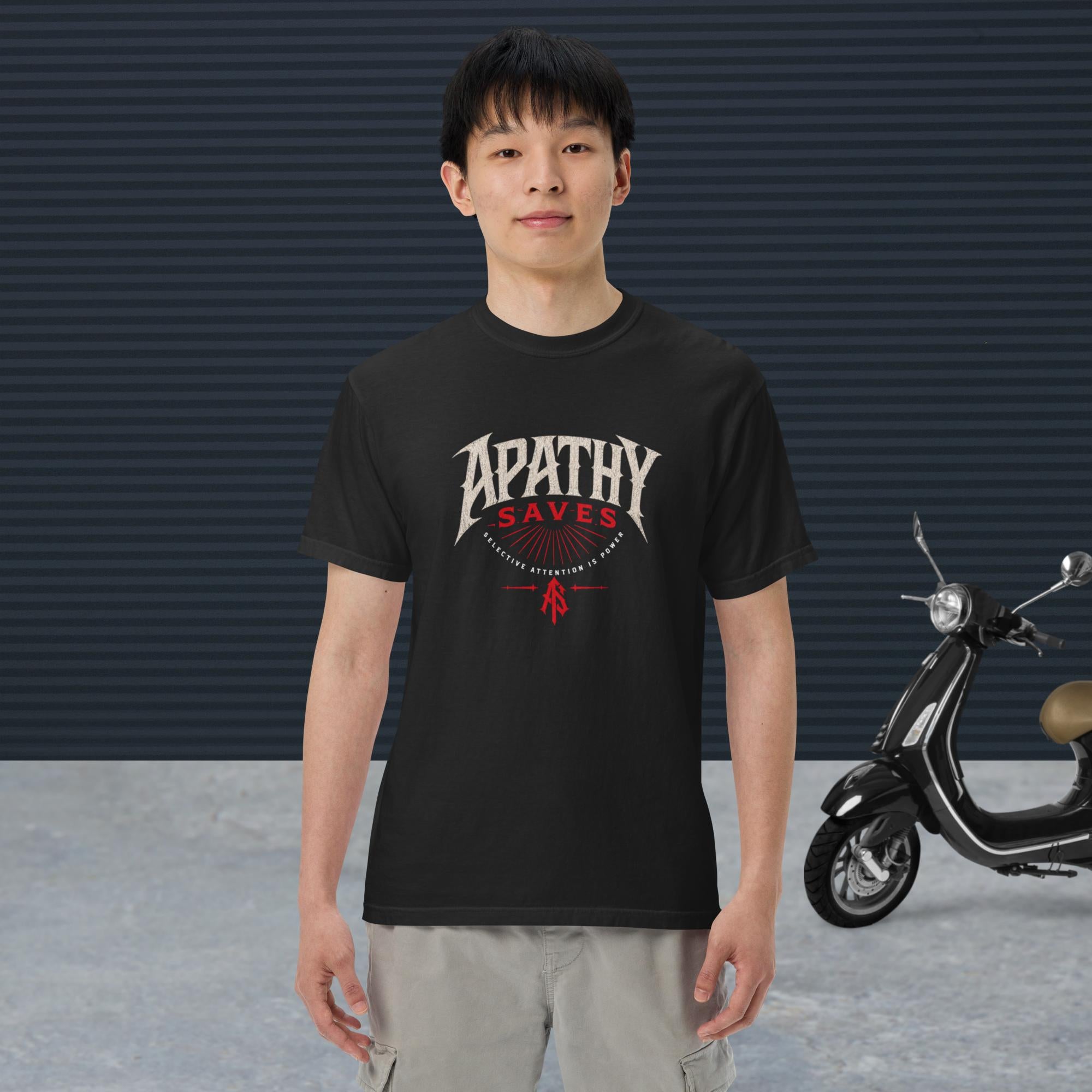 ApathySaves Selective Attention Is Power tee – male lifestyle front shot