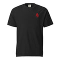Front view of black DISAPPOINT THEM. Comfort Colors heavyweight T-shirt with red ApathySaves AS chest logo