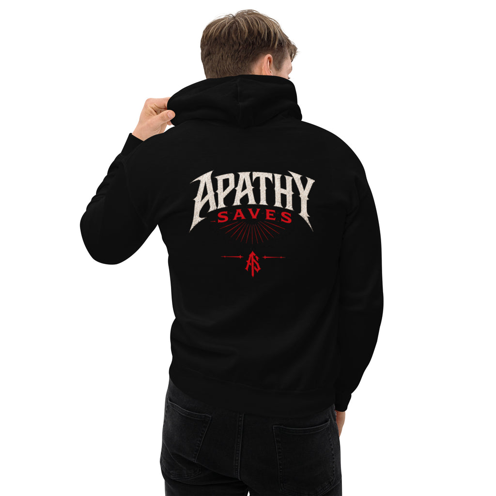 ApathySaves Red Monogram Hoodie – Worn Back – Male Model
