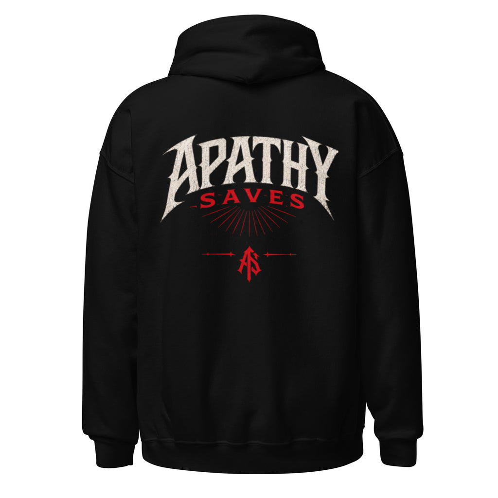 ApathySaves Red Monogram Hoodie – Black Back – Apathy Saves Wordmark Sunburst
