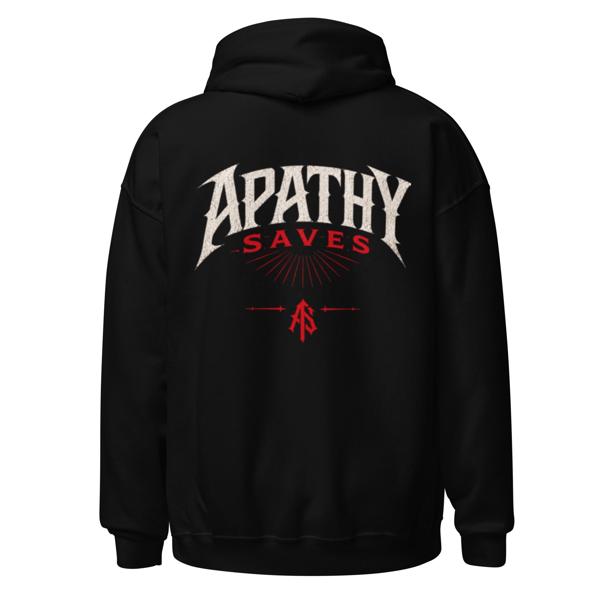 ApathySaves Red Monogram Hoodie – Black Back – Apathy Saves Wordmark Sunburst