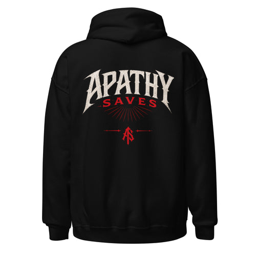 ApathySaves Red Monogram Hoodie – Black Back – Apathy Saves Wordmark Sunburst