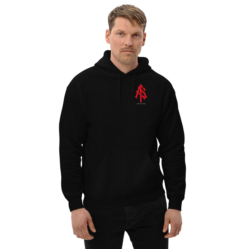 ApathySaves Red Monogram Hoodie – Worn Front – Male Model