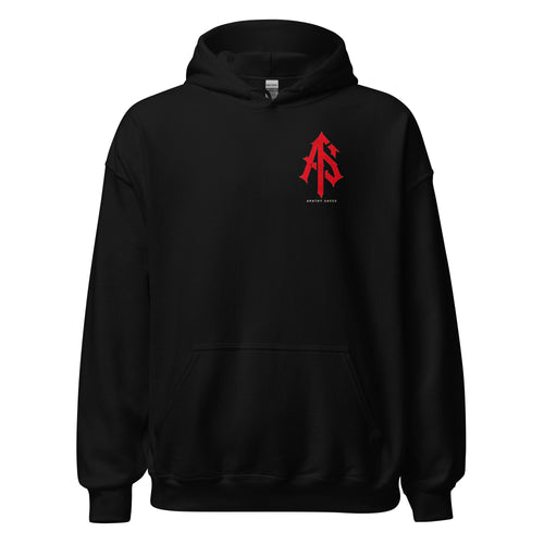 ApathySaves Red Monogram Hoodie – Black – AS Badge Left Chest